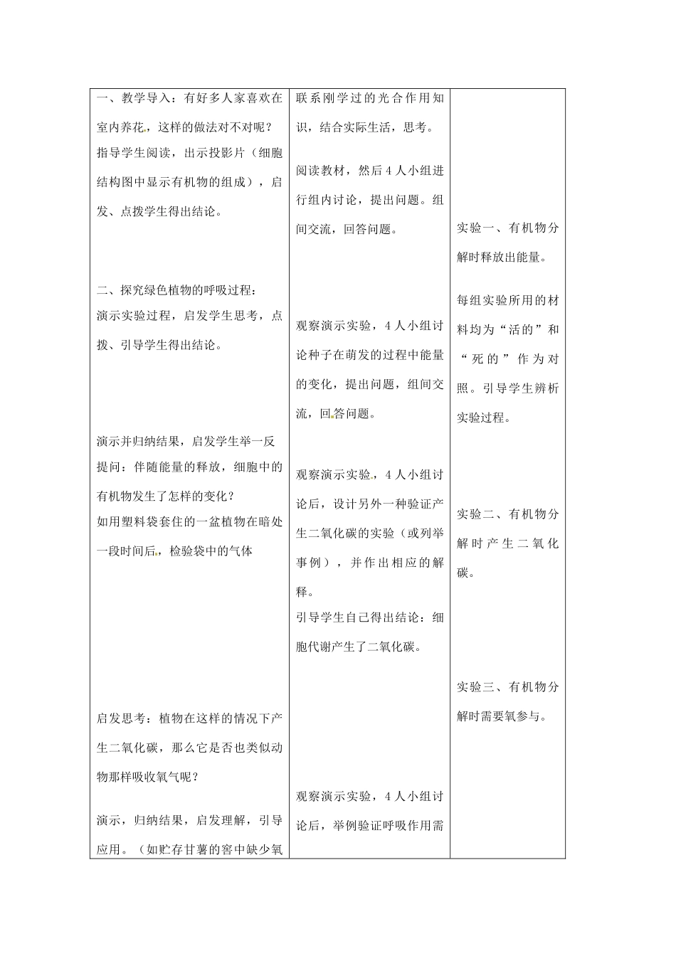 吉林省四平市第十七中学七年级生物上册 绿色植物的呼吸作用教案1 新人教版_第2页