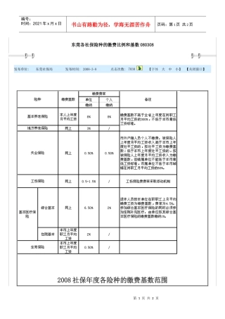 东莞各社保险种的缴费比例和基数080308
