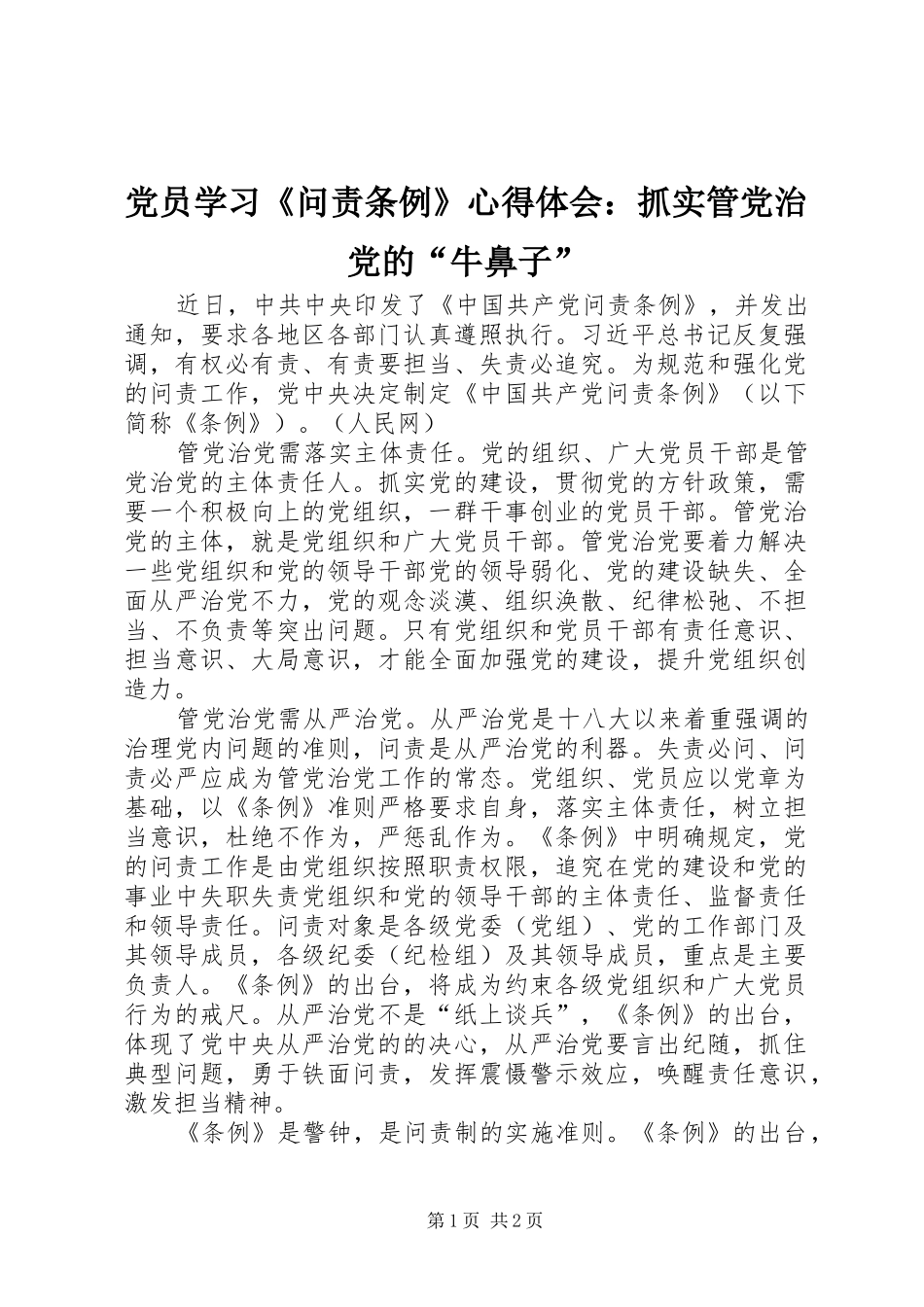 党员学习《问责条例》心得体会：抓实管党治党的“牛鼻子”_第1页