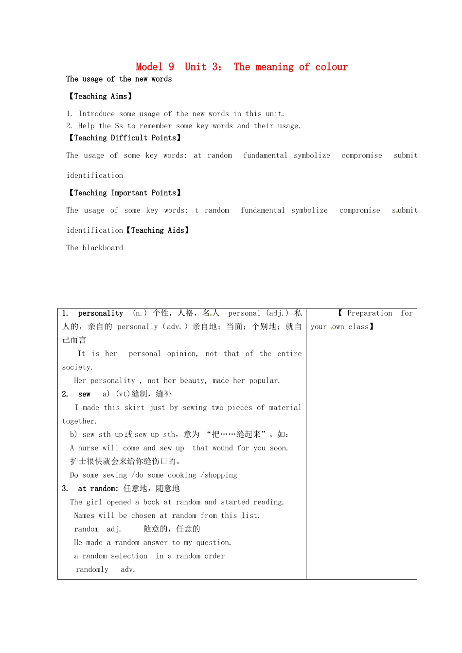 高中英语 Unit3 The meaning of colour The usage of the new words教案 牛津译林版选修9-牛津版高二选修9英语教案_第1页