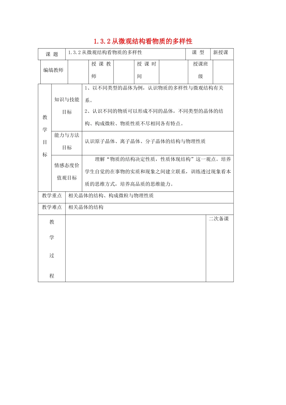 高中化学 专题1 微观结构与物质的多样性 1.3.2 从微观结构看物质的多样性3教案 苏教版必修2-苏教版高一必修2化学教案_第1页