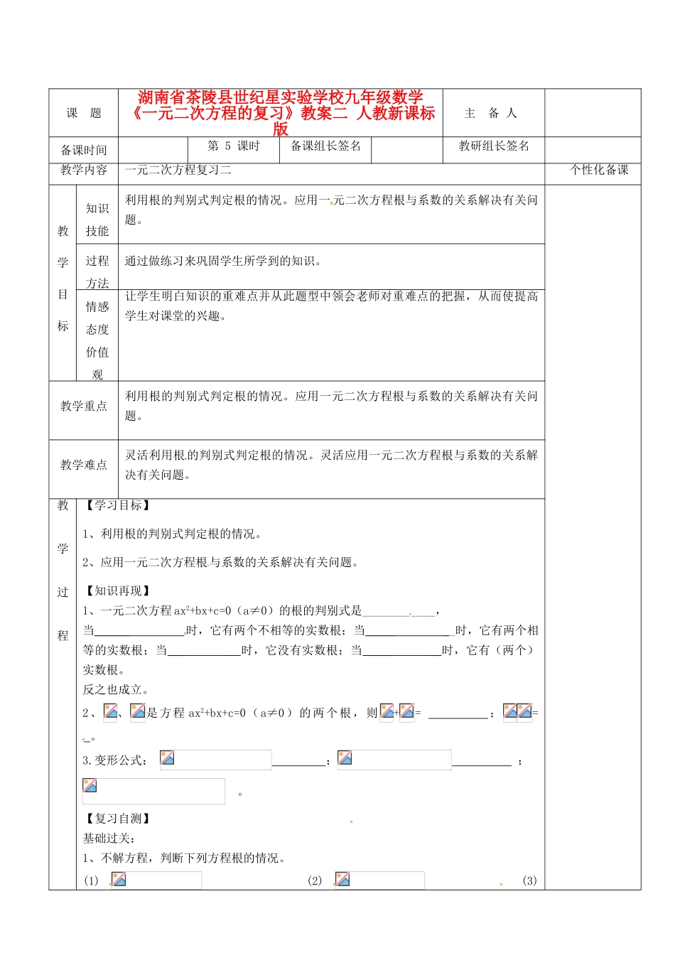湖南省茶陵县世纪星实验学校九年级数学《一元二次方程的复习》教案二 人教新课标版_第1页