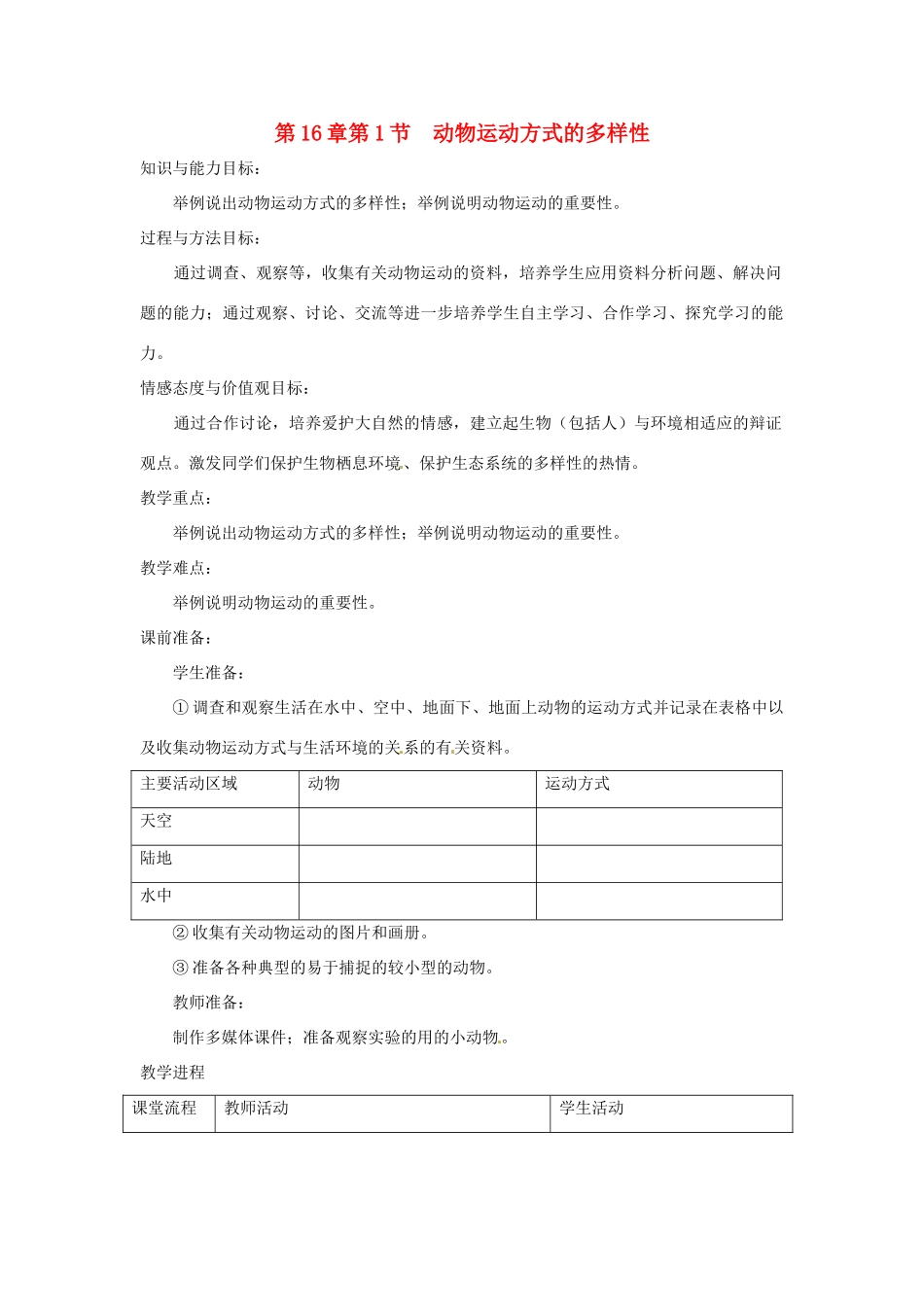 八年级生物上册 第16章第1节 动物运动方式的多样性精品教案 苏教版_第1页