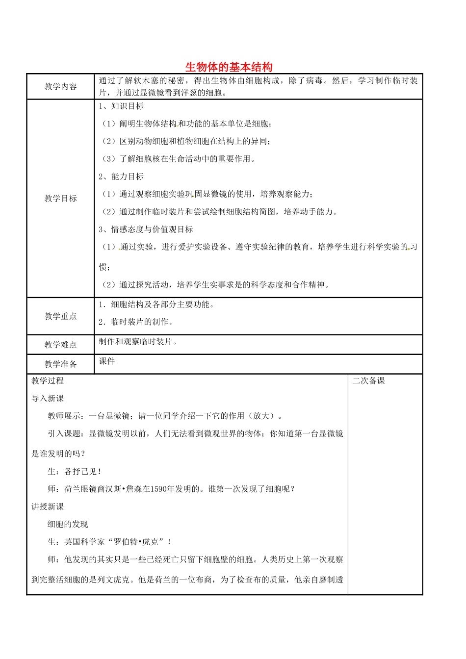 江苏省苏州工业园区东沙湖学校七年级生物下册 第一节 生物体的基本结构（第一课时）教案 苏科版_第1页