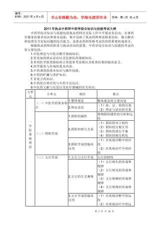 XX年执业中药师中药学综合知识与技能考试大纲
