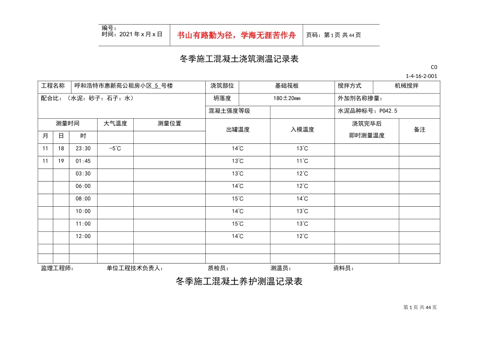 冬季施工混凝土浇筑测温记录簿表(DOC44页)_第1页