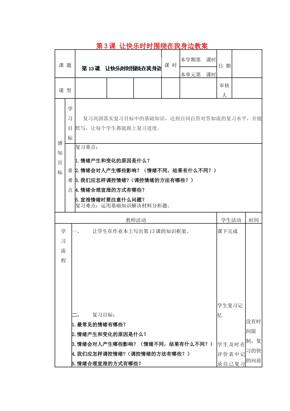 山东省滨州市邹平实验中学七年级政治下册 第3课 让快乐时时围绕在我身边教案 鲁教版_第1页