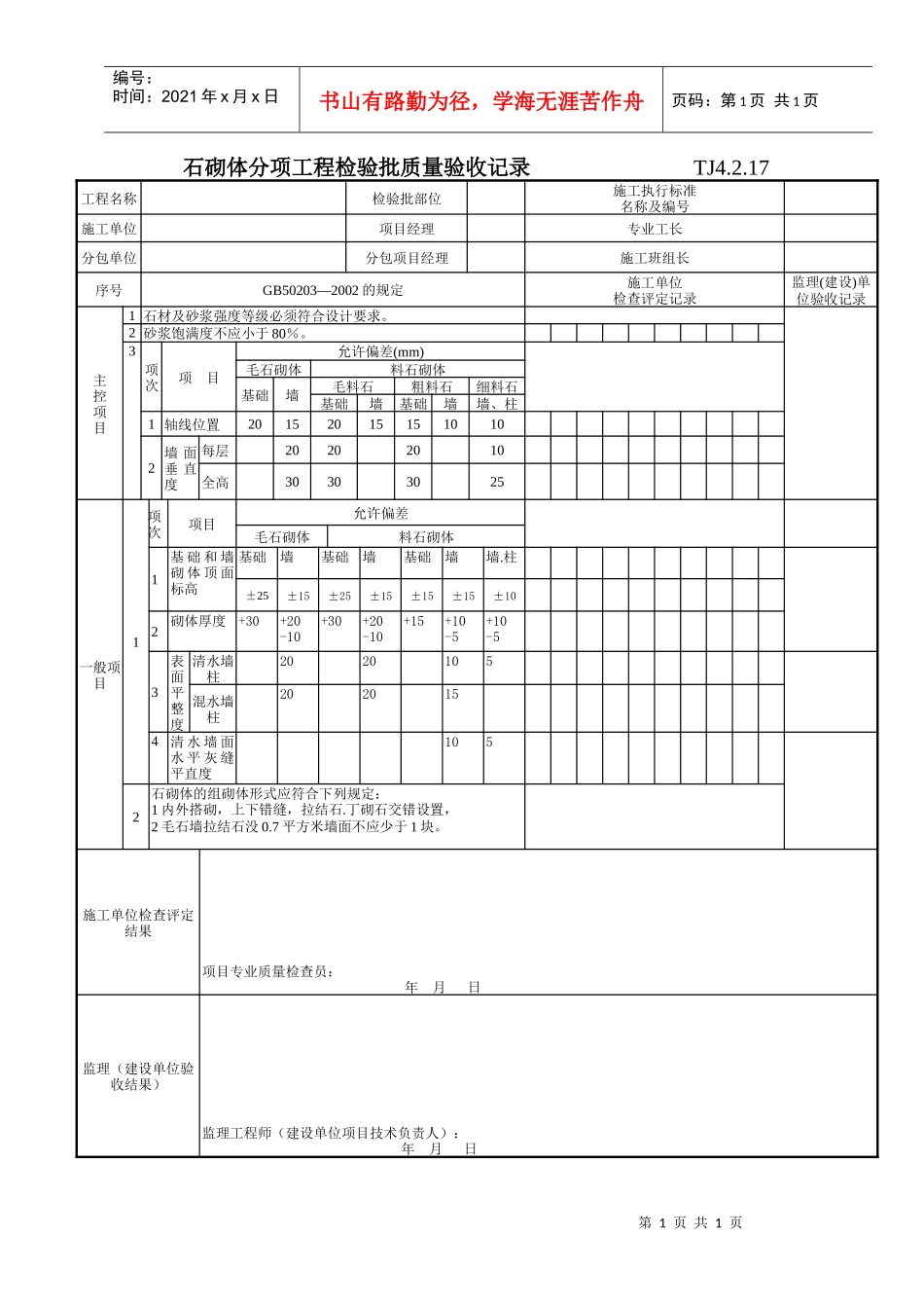 132 石砌体分项工程检验批质量验收记录Tj4-2-17需改_第1页
