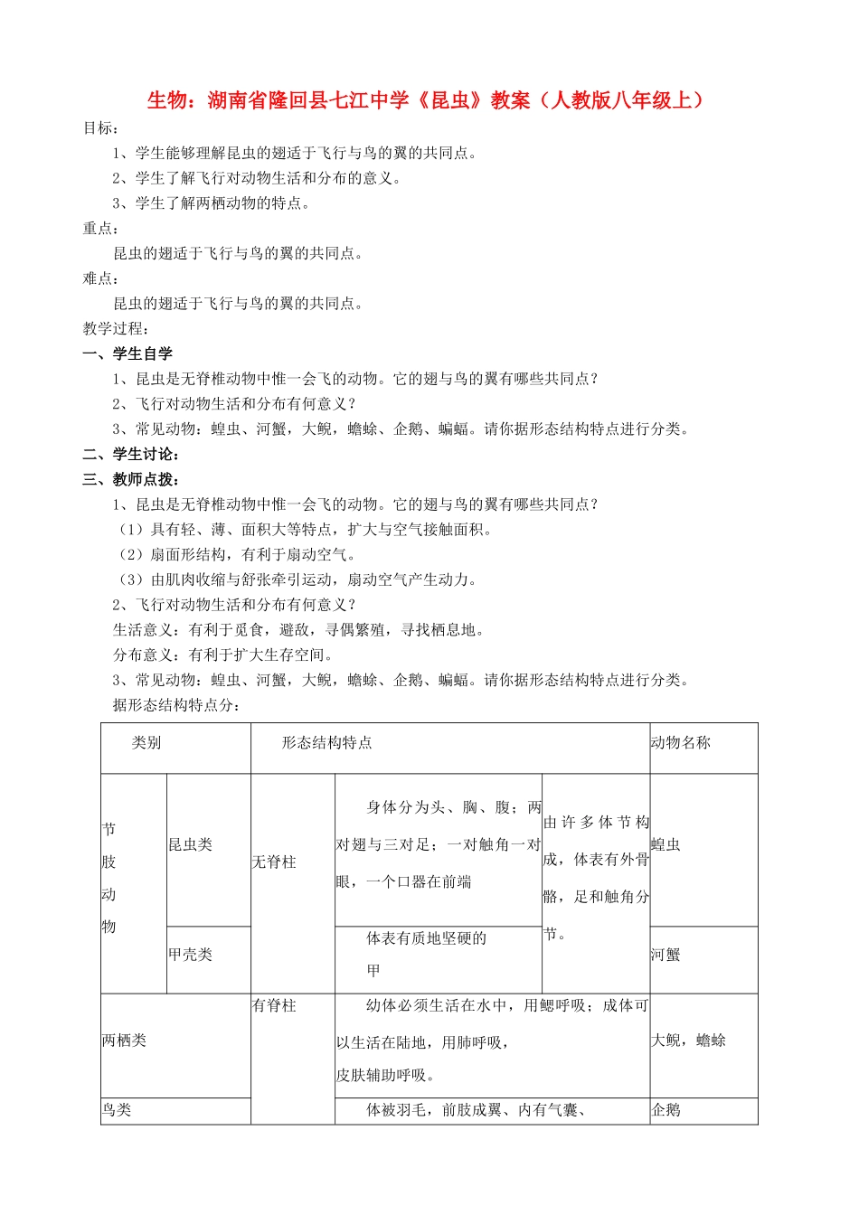 湖南省隆回县七江中学八年级生物上册《昆虫》教案 新人教版_第1页