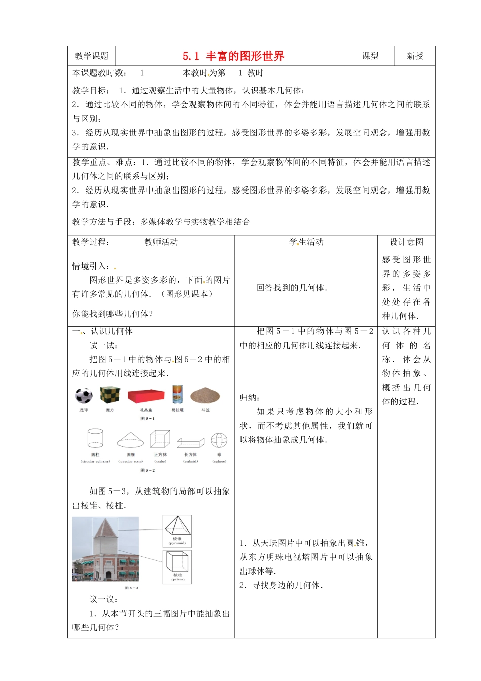 江苏省昆山市锦溪中学七年级数学上册 5.1 丰富的图形世界教案 （新版）苏科版_第1页