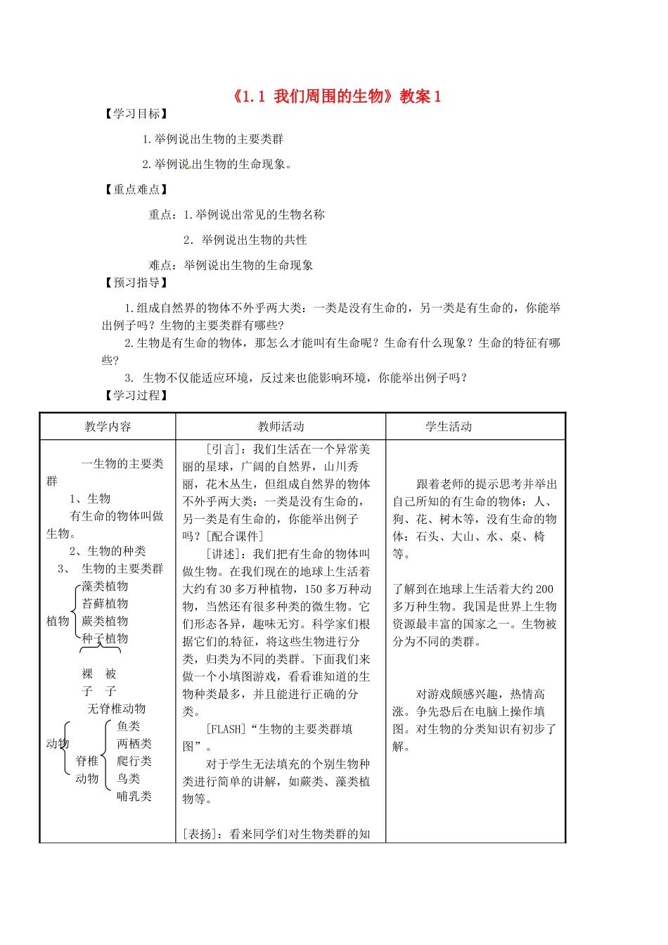 江苏省东台市唐洋镇中学七年级生物上册《1.1 我们周围的生物》教案1 苏教版_第1页