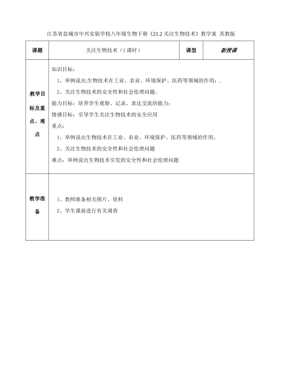 江苏省盐城市中兴实验学校八年级生物下册《21.2 关注生物技术》教学案 苏教版_第1页