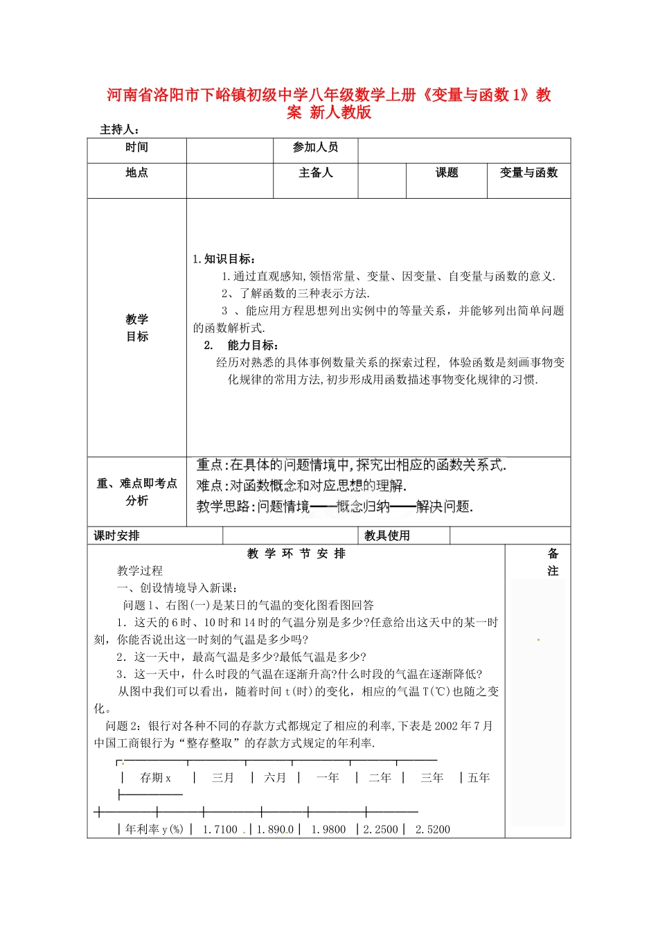 河南省洛阳市下峪镇初级中学八年级数学上册《变量与函数》教案1 新人教版_第1页