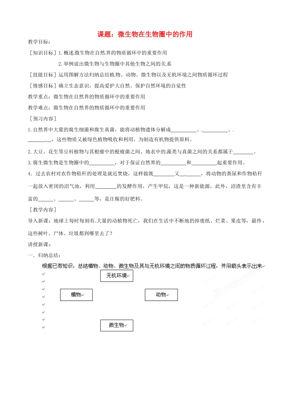 河北省唐山十六中八年级生物 微生物在生物圈中的作用教案 人教新课标版_第1页