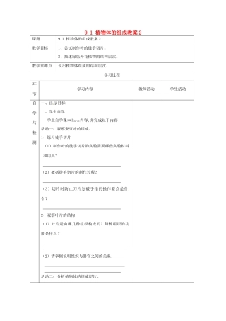 江苏省连云港东海县平明镇中学七年级生物下册 9.1 植物体的组成教案2 苏科版