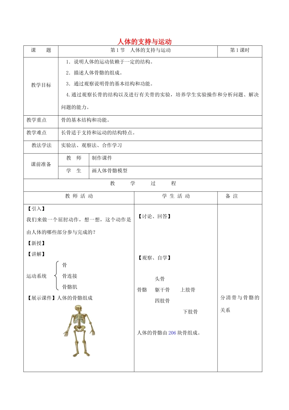 八年级生物上册 6.17.1《人体的运动》第1课时教案 （新版）苏科版-（新版）苏科版初中八年级上册生物教案_第1页