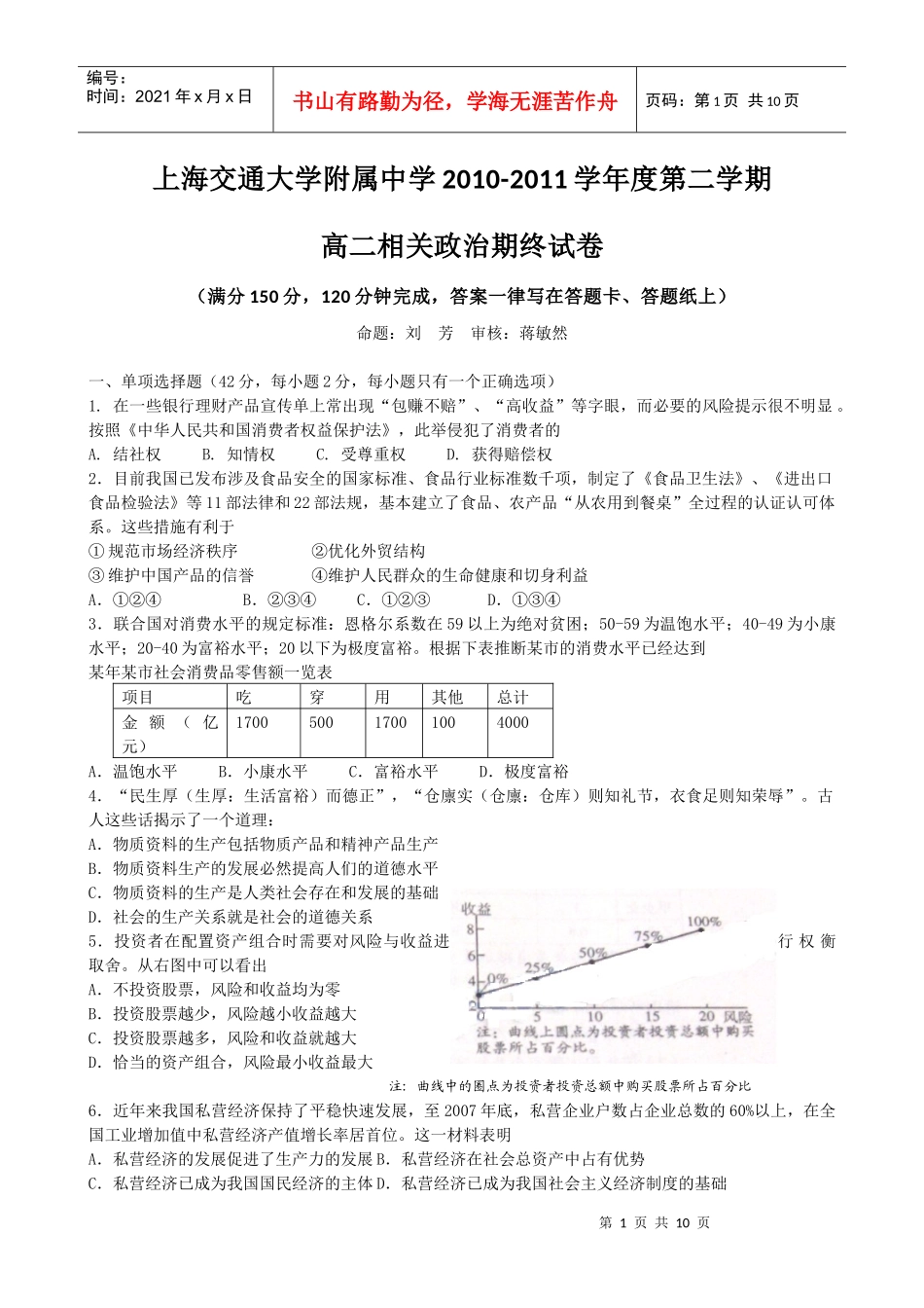 上海交通大学附属中学10-11学年高二下学期期末考试(相关政治)_第1页