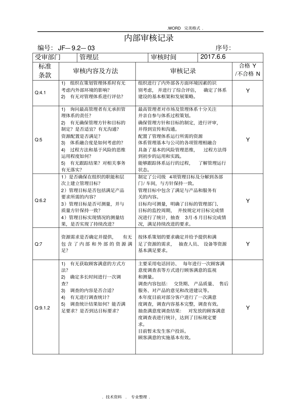 2016年版质量体系各部门内审检查表和审核记录文本_第1页