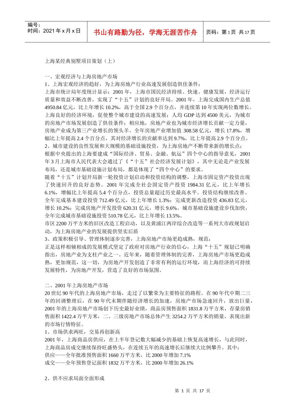 【房地产精品文档】上海某经典别墅项目策划_第1页