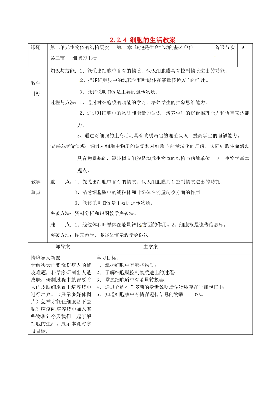 湖南省怀化市通道侗族自治县第一中学七年级生物上册 2.2.4 细胞的生活教案 新人教版_第1页