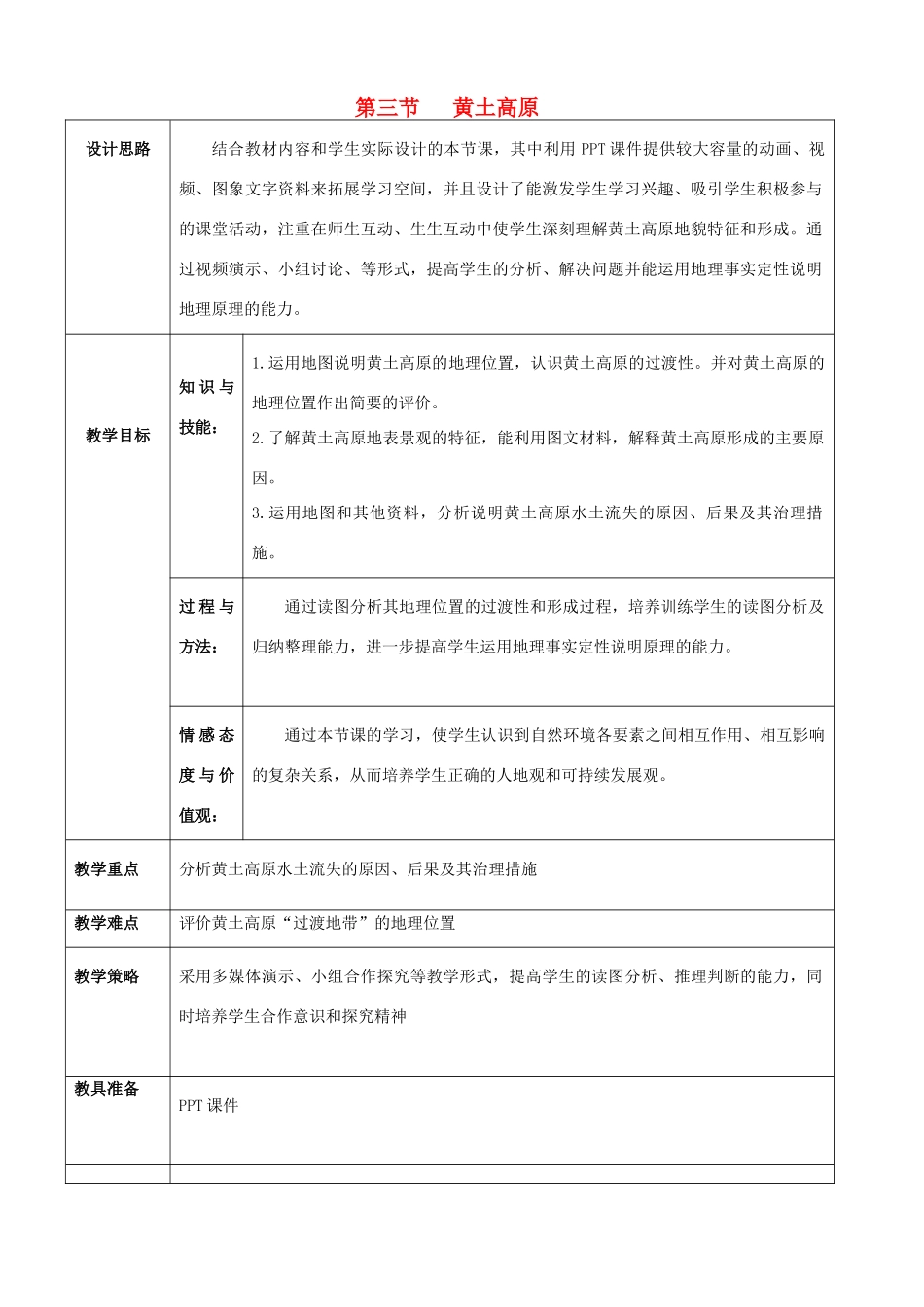 八年级地理下册 6.3 黄土高原教案（1）（新版）商务星球版-（新版）商务星球版初中八年级下册地理教案_第1页