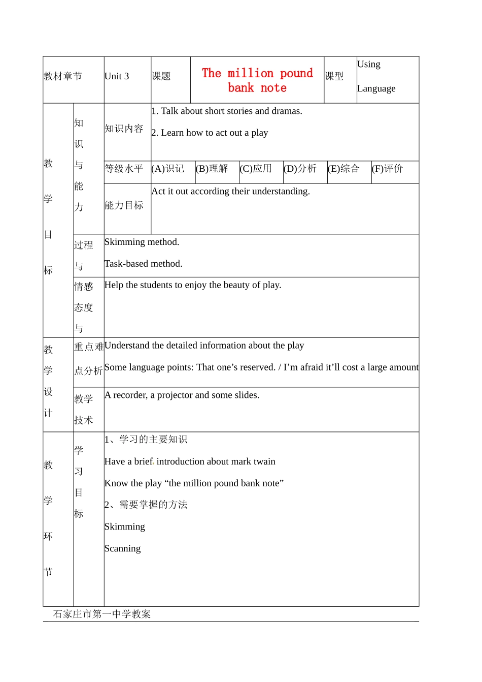 高中英语 Unit3 using language教案 新人教版必修3-新人教版高二必修3英语教案_第1页