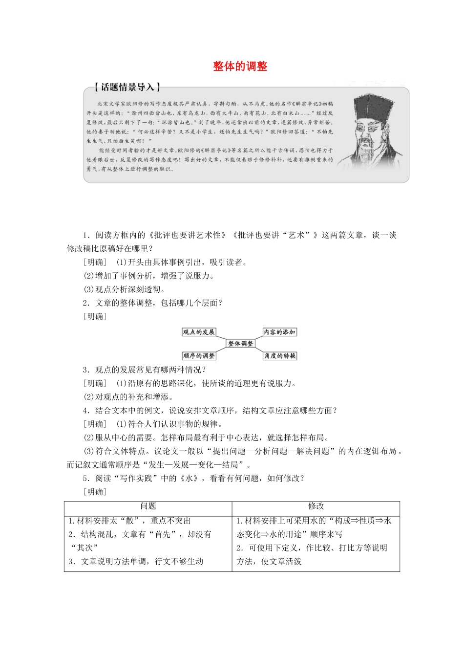 高中语文 第四章 第一节 整体的调整讲义 新人教版选修《文章写作与修改》-新人教版高中选修语文教案_第1页