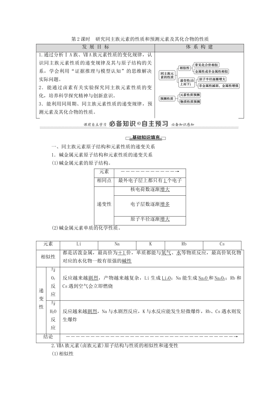 高中化学 第1章 原子结构 元素周期律 第3节 第2课时 研究同主族元素的性质和预测元素及其化合物的性质教案 鲁科版必修第二册-鲁科版高中必修第二册化学教案_第1页