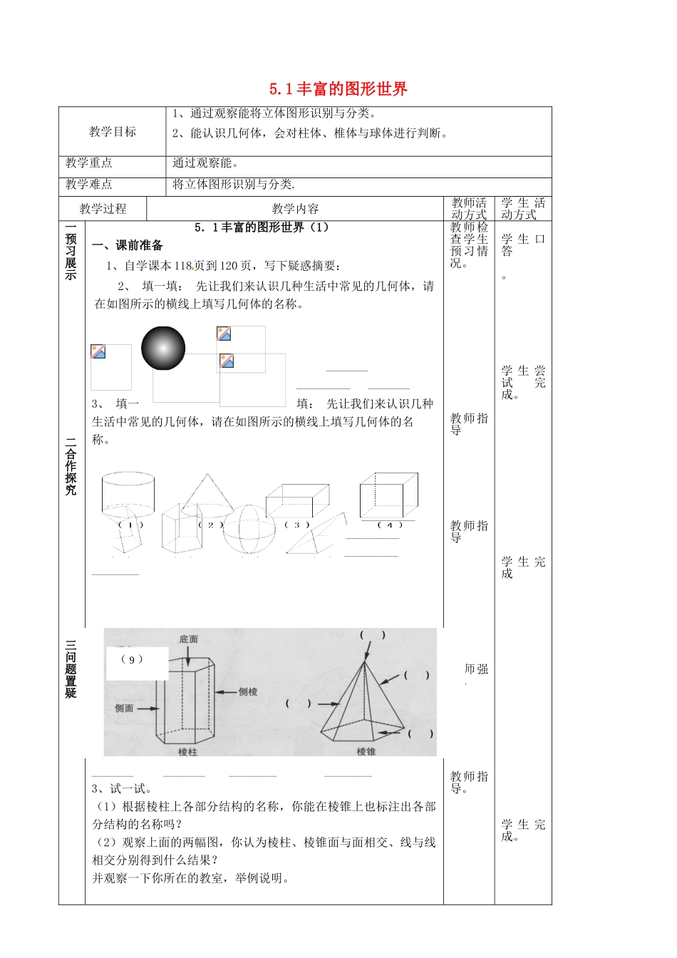 江苏省镇江市丹徒县七年级数学上册 5.1 丰富的图形世界教案 （新版）苏科版-（新版）苏科版初中七年级上册数学教案_第1页