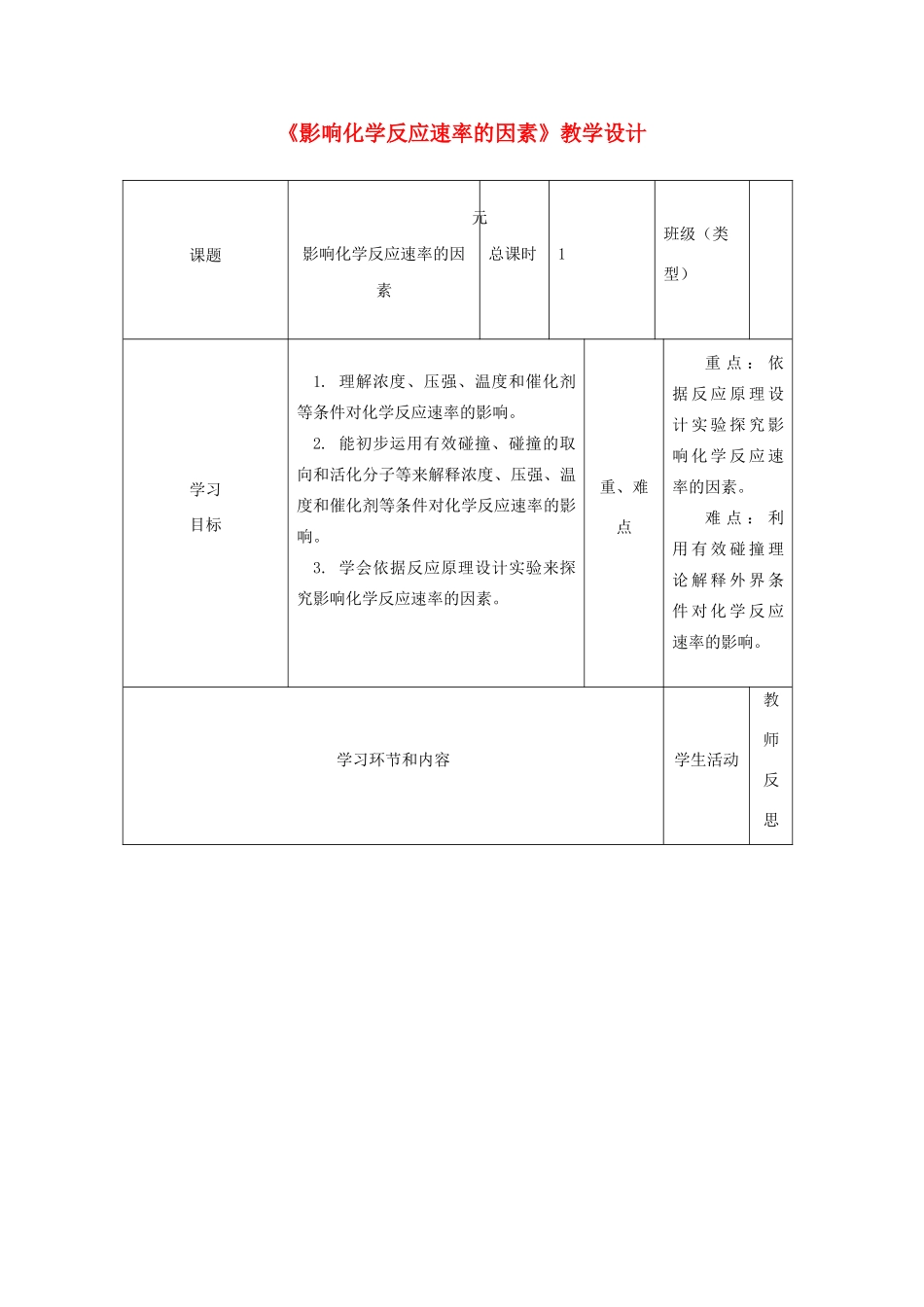 高中化学《影响化学反应速率的因素》教学设计-人教版高中全册化学教案_第1页
