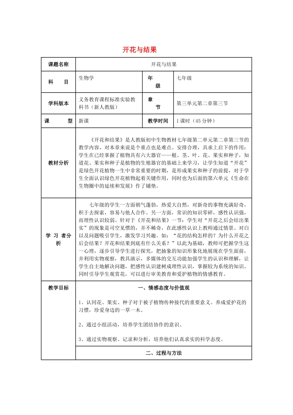 （湖南地区）中考生物复习 第四单元 第一节 绿色开花植物的一生 开花与结果教学设计-人教版初中九年级全册生物教案_第1页