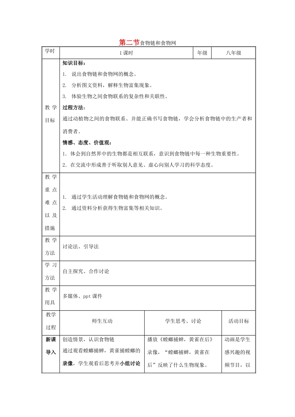 八年级生物下册 食物链和食物网教案 济南版_第1页