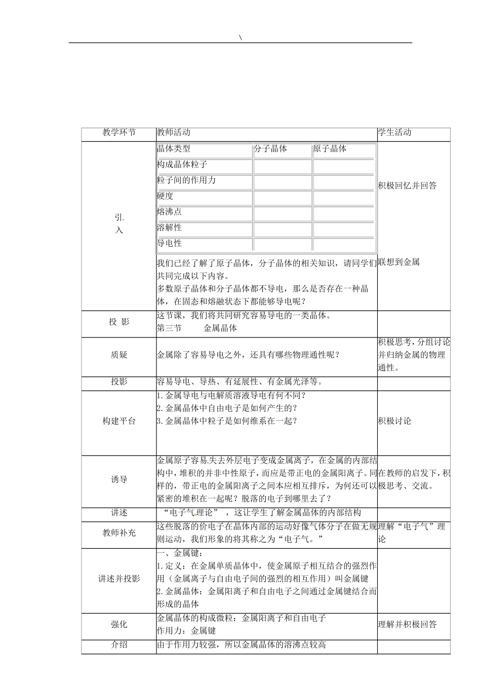 高中化学 3.3.1《金属晶体》教案 新人教版选修3_第2页