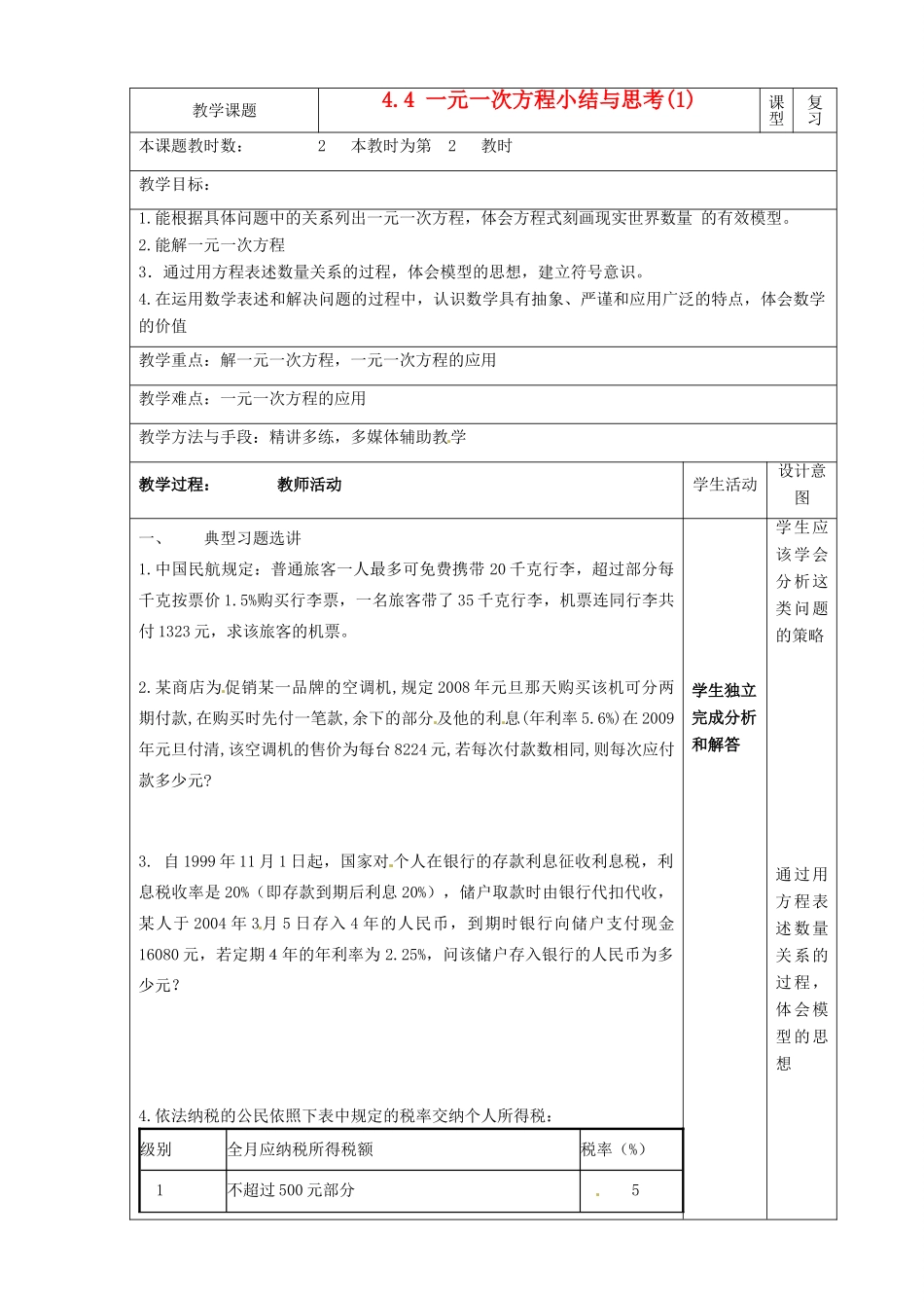 江苏省昆山市锦溪中学七年级数学上册 4.4.2 一元一次方程小结与思考教案1 （新版）苏科版_第1页