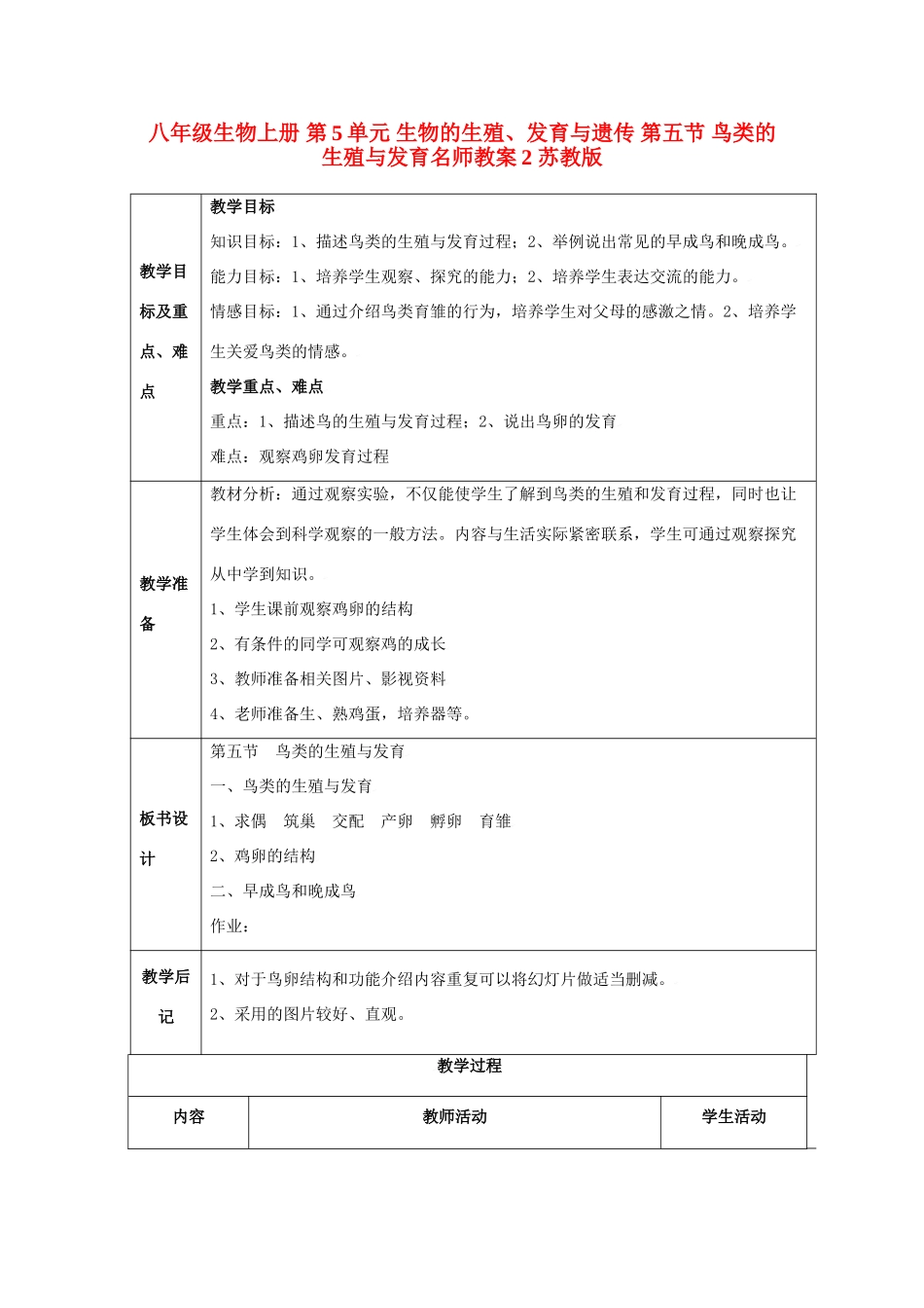八年级生物上册 第5单元 生物的生殖、发育与遗传 第五节 鸟类的生殖与发育名师教案2 苏教版_第1页