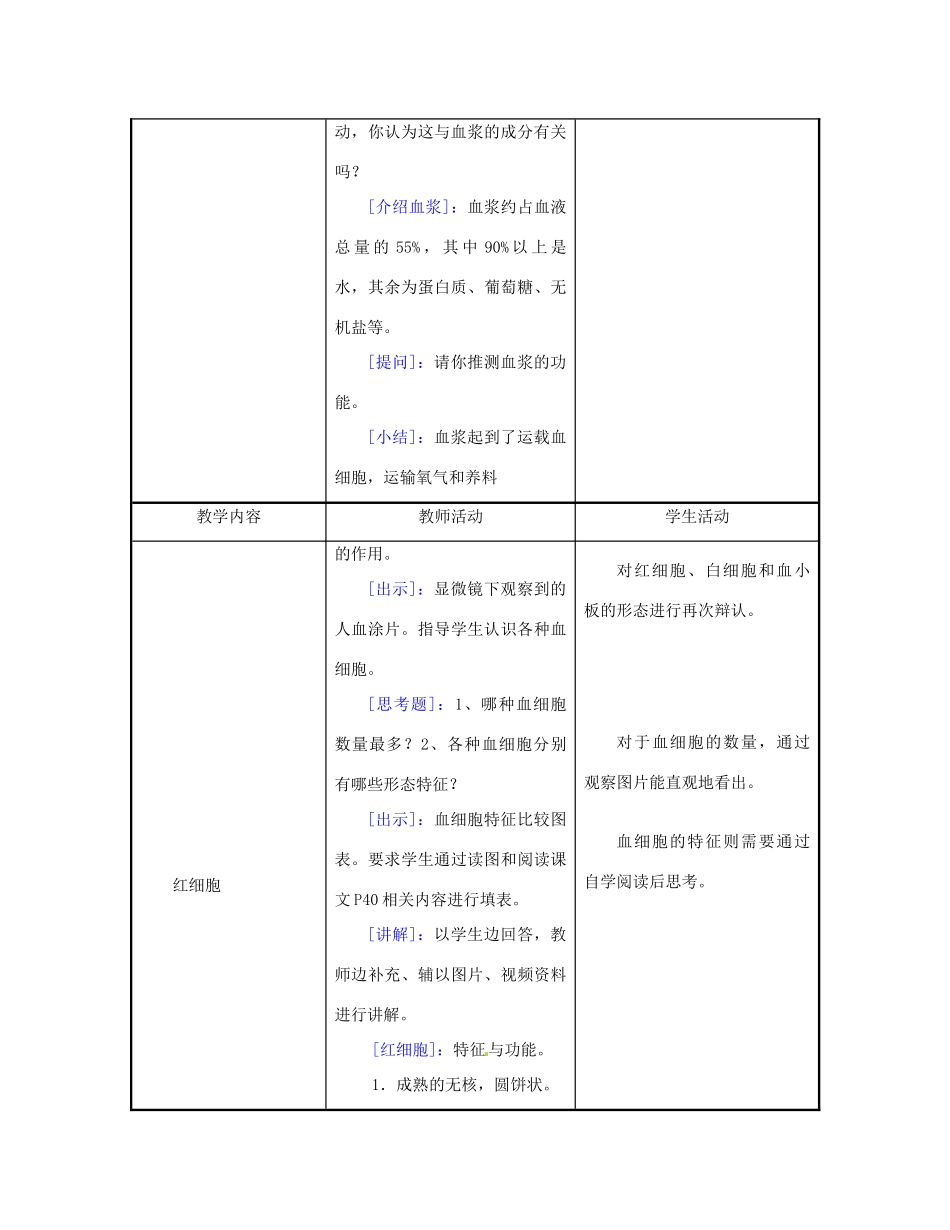 江苏省东台市唐洋镇中学七年级生物下册《10.1 血液与血型》教案2 苏教版_第3页