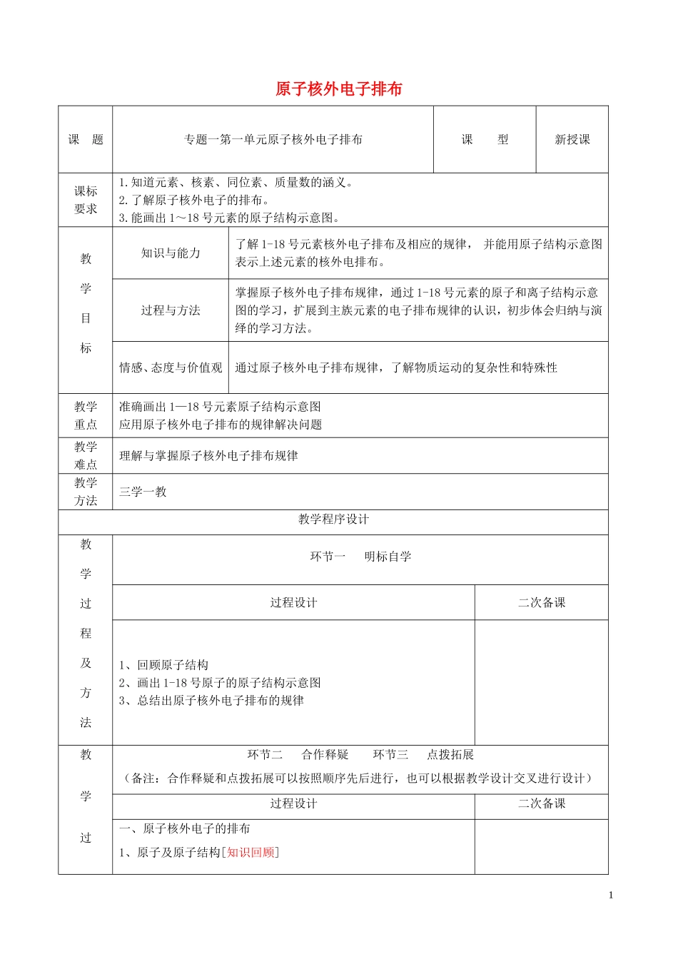 高中化学 专题一 微观结构与物质的多样性 第一单元 核外电子排布与元素周期律（第1课时）原子核外电子排布与元素周期律教案 苏教版必修2-苏教版高中必修2化学教案_第1页