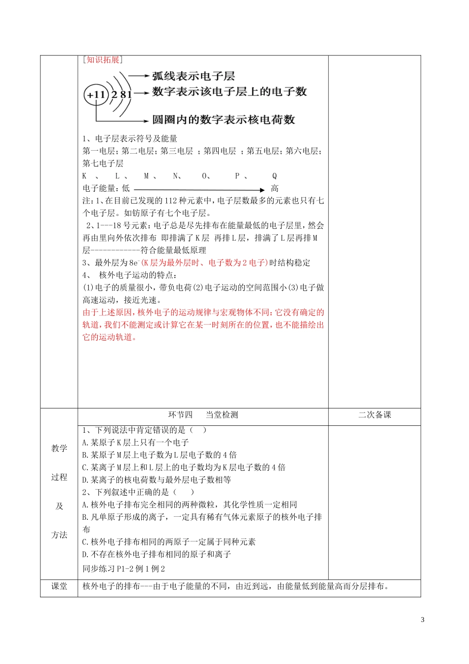 高中化学 专题一 微观结构与物质的多样性 第一单元 核外电子排布与元素周期律（第1课时）原子核外电子排布与元素周期律教案 苏教版必修2-苏教版高中必修2化学教案_第3页