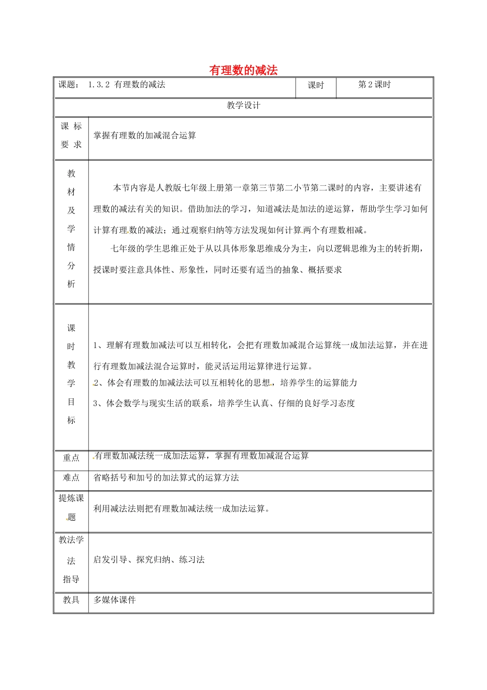 湖南省益阳市资阳区迎丰桥镇七年级数学上册 第一章 有理数 1.3 有理数的加减法 1.3.2 有理数的减法（第2课时）教案 （新版）新人教版-（新版）新人教版初中七年级上册数学教案_第1页