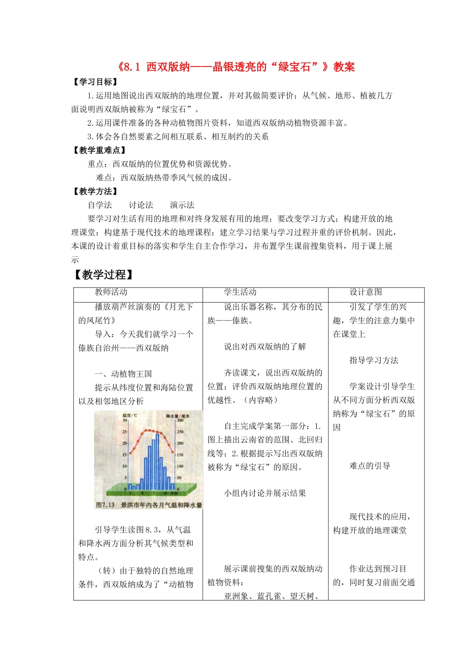 八年级地理下册 8.1 西双版纳——晶莹透亮的“绿宝石”教案 晋教版-人教版初中八年级下册地理教案_第1页