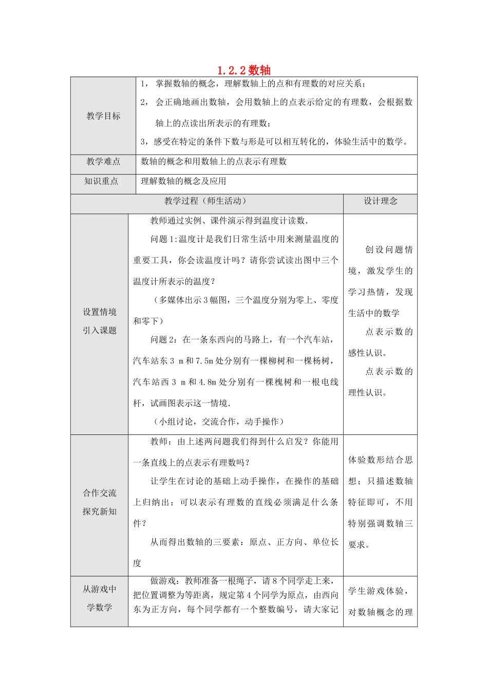 江苏省淮安市开明中学七年级数学上册 1.2.2《数轴》教案 苏科版_第1页