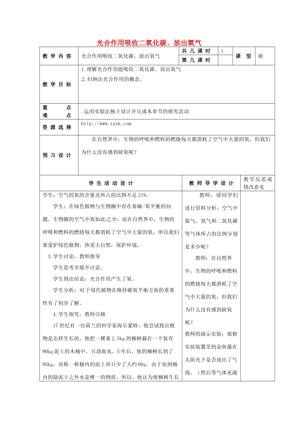 江苏省泗阳县王集中学七年级生物上册《光合作用吸收二氧化碳、放出氧气》教案 苏教版_第1页