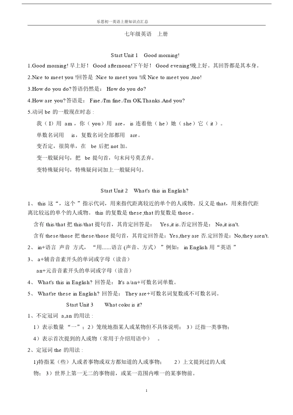 (完整)人教版七年级上册英语语法点及练习精选.doc_第1页