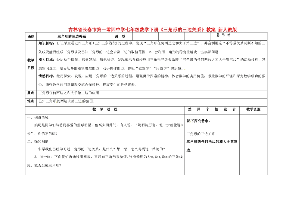 吉林省长春市第一零四中学七年级数学下册《三角形的三边关系》教案 新人教版_第1页
