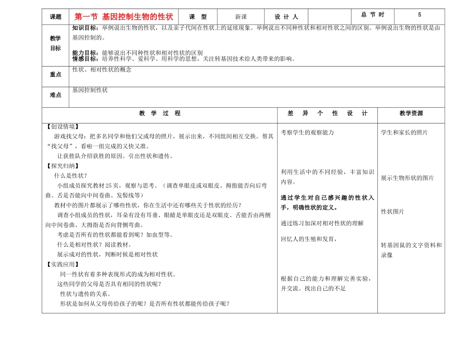 吉林省长春市第一零四中学八年级生物下册 第七单元 第二章 第一节基因控制生物的性状教案 新人教版_第1页