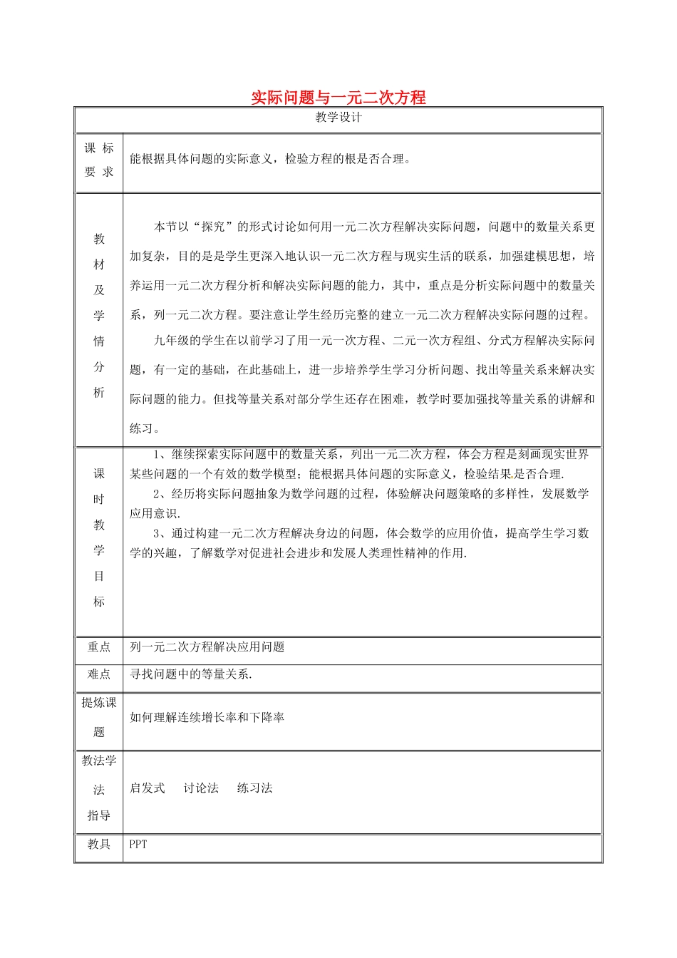 湖南省益阳市资阳区迎丰桥镇九年级数学上册 第二十一章 一元二次方程 21.3 实际问题与一元二次方程（2）教案 （新版）新人教版-（新版）新人教版初中九年级上册数学教案_第1页