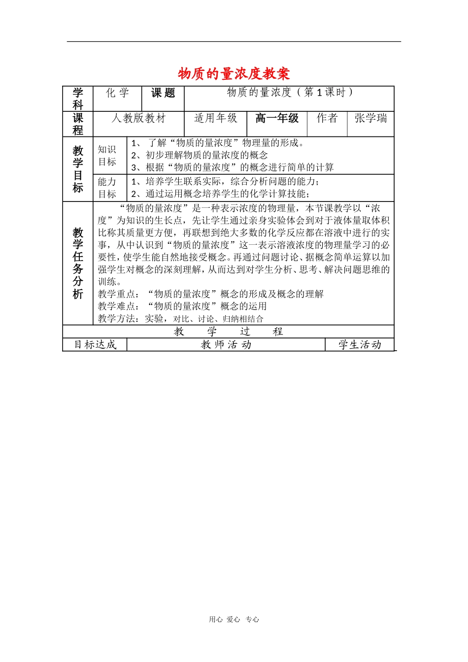 高中化学：1.2《物质的量浓度》教案（新人教必修1）_第1页
