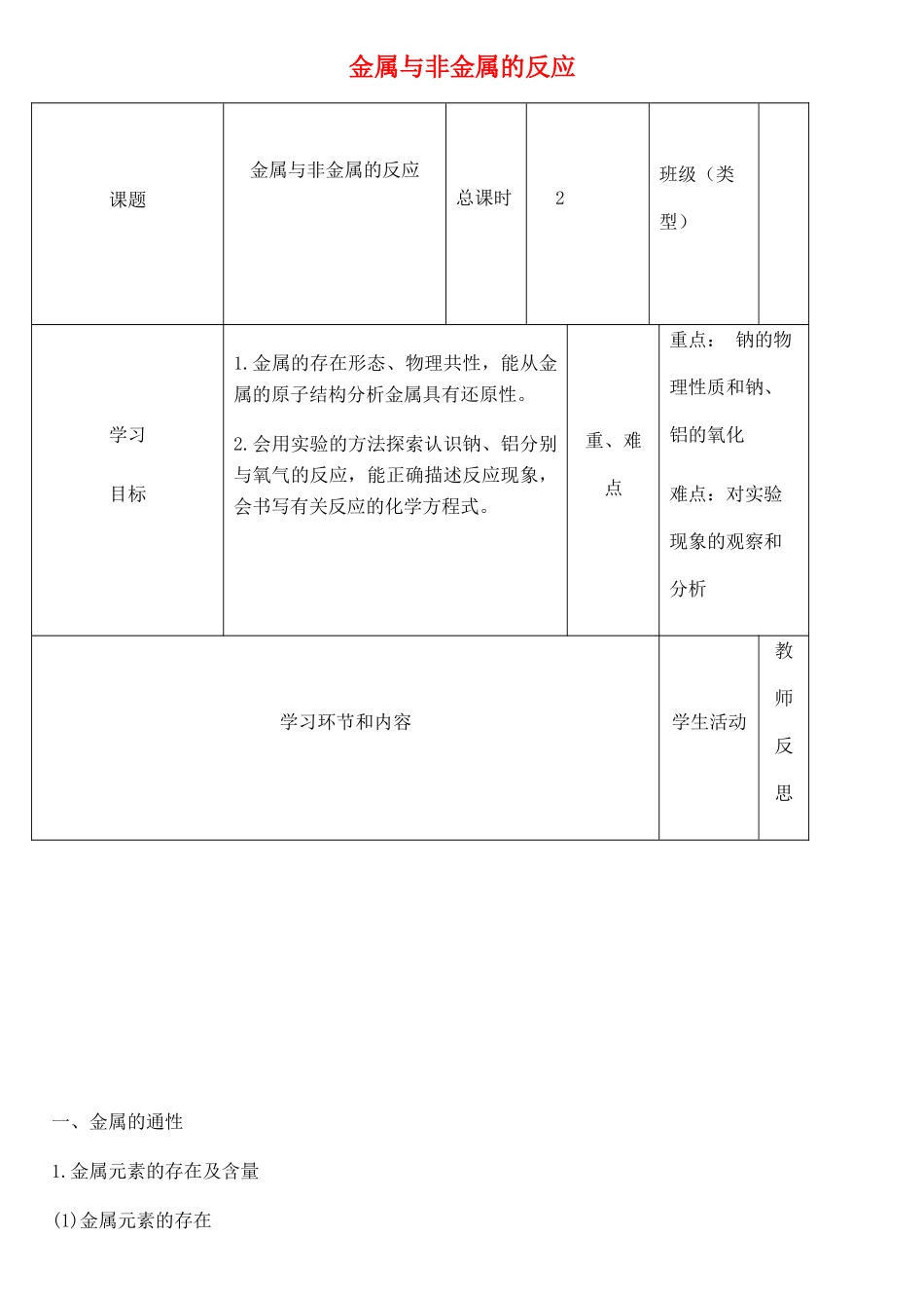高中化学《金属与非金属的反应》教学设计-人教版高中全册化学教案_第1页