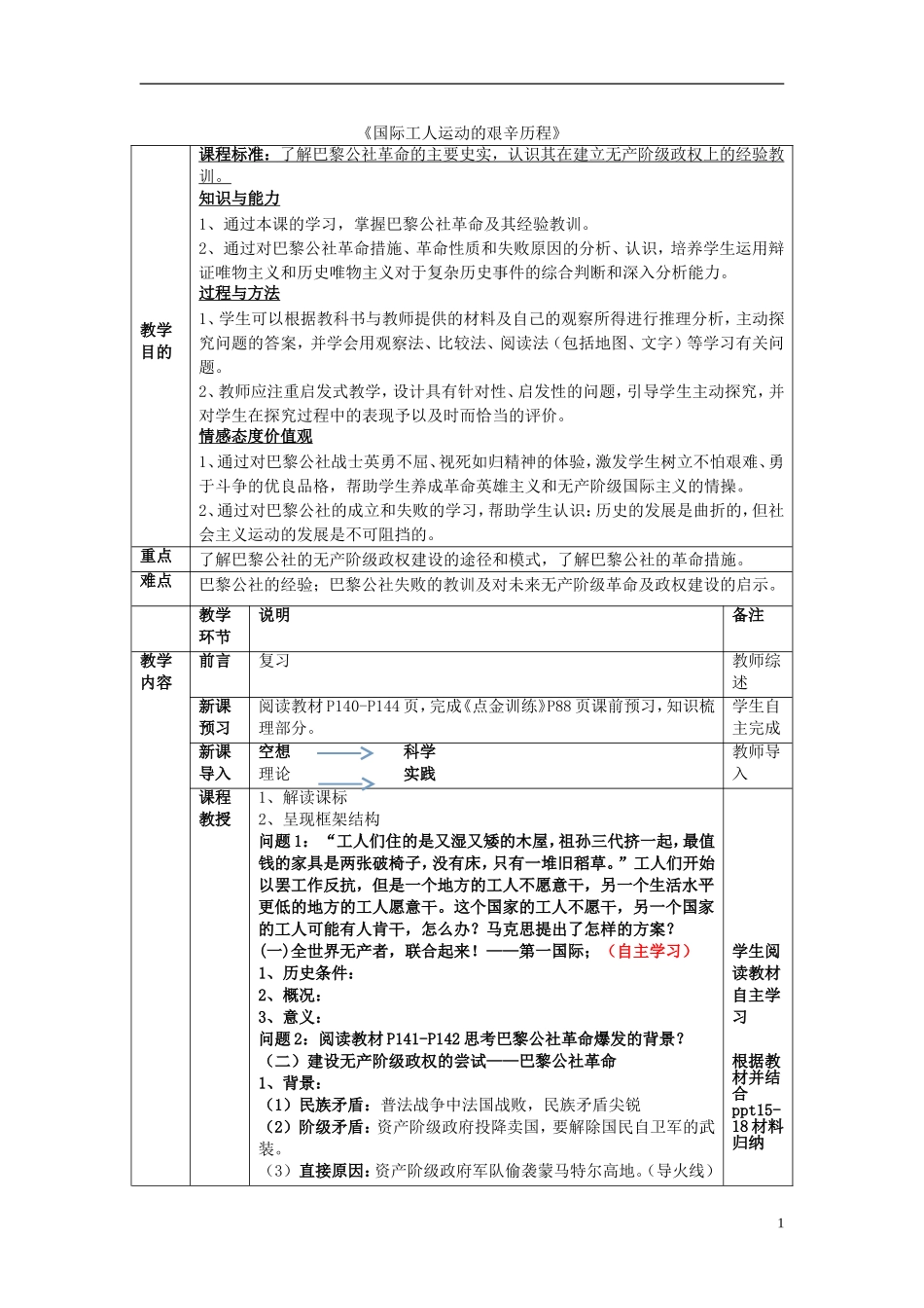 高中历史《国际工人运动的艰辛历程》教学设计 人民版必修1-人民版高一必修1历史教案_第1页