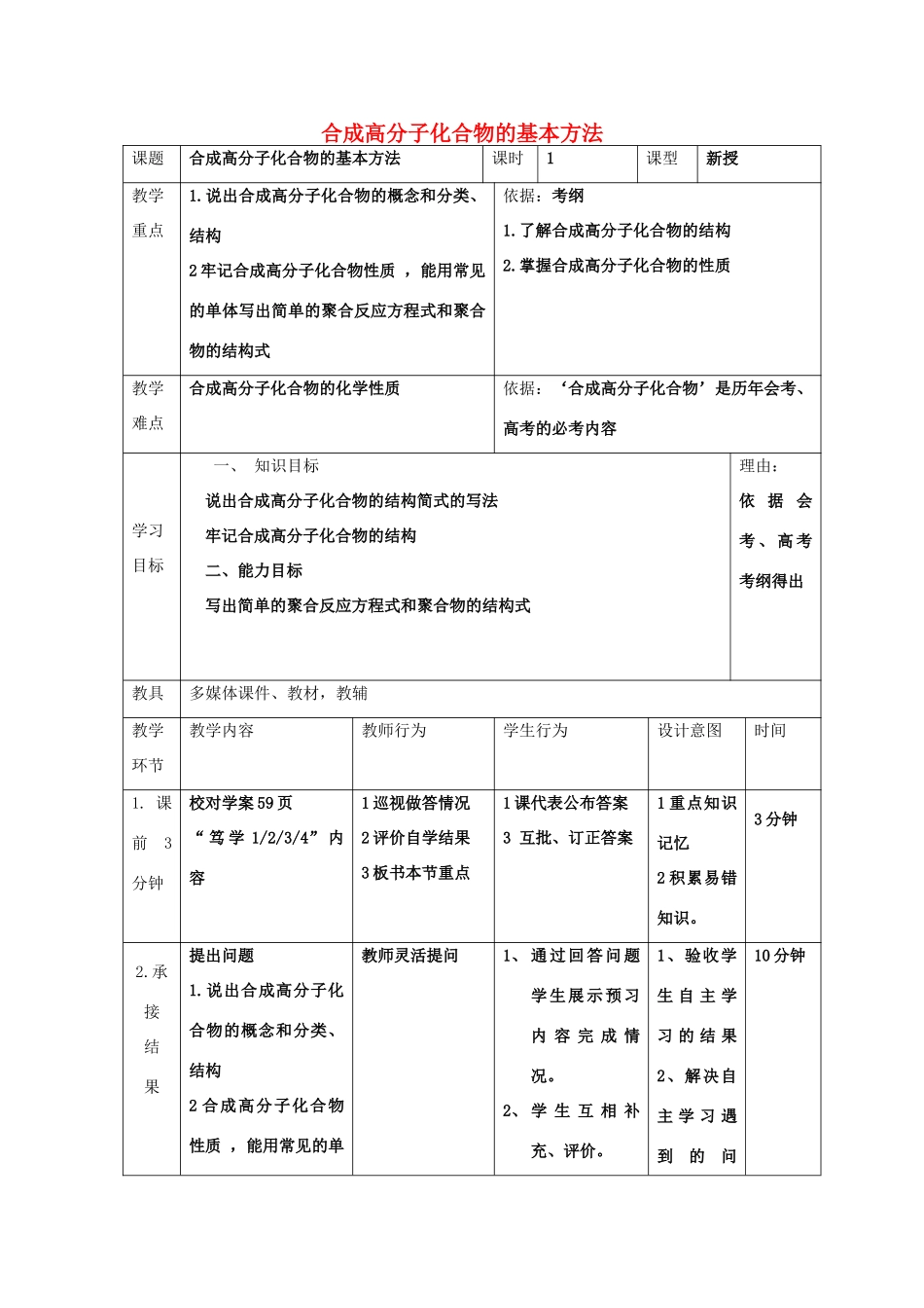 高中化学 第五章 进入合成有机高分子化合物的时代 5.1 合成高分子化合物的基本方法教案 新人教版选修5-新人教版高二选修5化学教案_第1页